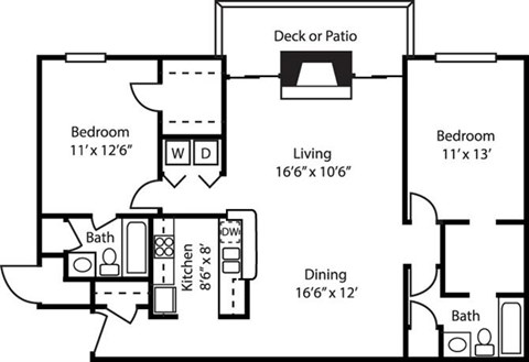 Floor plan for 2 beds, 2 baths, 1097 sqft