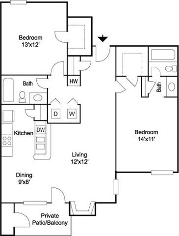 Floor plan for 2 beds, 2 baths, 1020 sqft