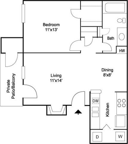 Floor plan for 1 bed, 1 bath, 639 sqft