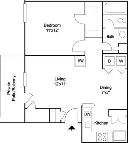 Floor plan for 1 bed, 1 bath, 612 sqft