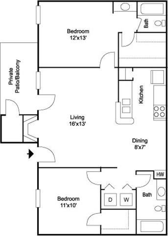 Floor plan for 2 beds, 2 baths, 864 sqft