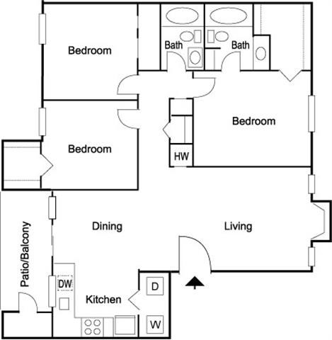 Floor plan for 3 beds, 2 baths, 1143 sqft
