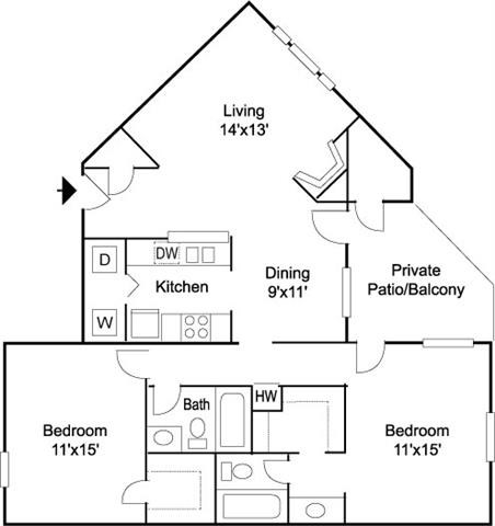 Floor plan for 2 beds, 2 baths, 1055 sqft