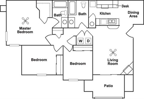 Floor plan for 3 beds, 2 baths, 1320 sqft