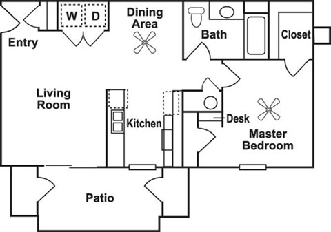 Floor plan for 1 bed, 1 bath, 740 sqft