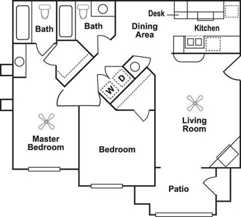 Floor plan for 2 beds, 2 baths, 1121 sqft