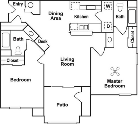 Floor plan for 2 beds, 2 baths, 960 sqft