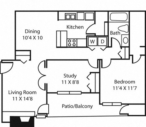 Floor plan for 1 bed, 1 bath, 906 sqft