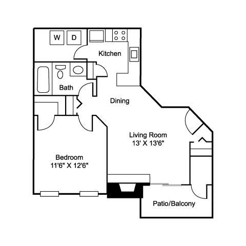 Floor plan for 1 bed, 1 bath, 638 sqft