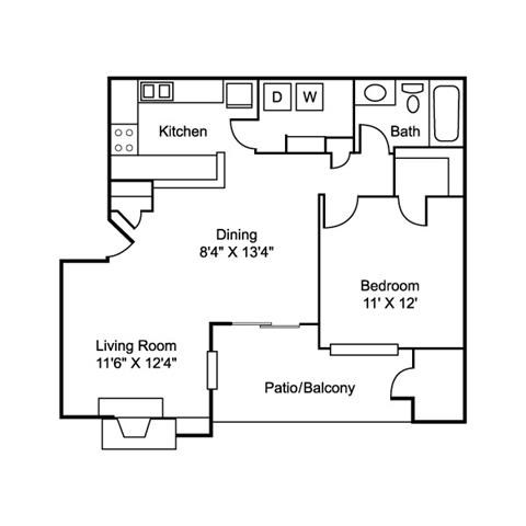 Floor plan for 1 bed, 1 bath, 756 sqft