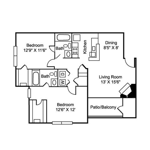 Floor plan for 2 beds, 2 baths, 984 sqft