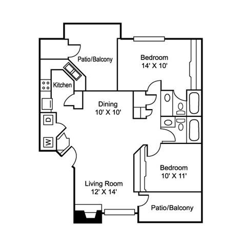 Floor plan for 2 beds, 2 baths, 1090 sqft