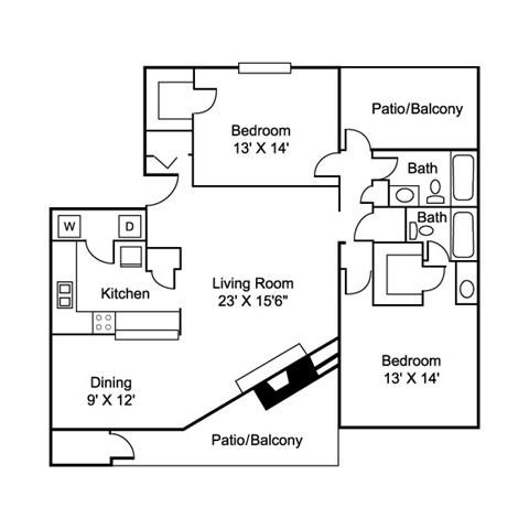 Floor plan for 2 beds, 2 baths, 1217 sqft