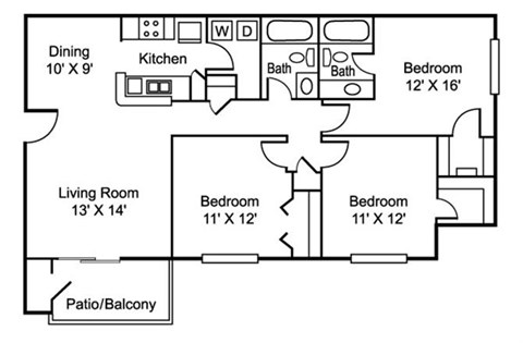 Floor plan for 3 beds, 2 baths, 1141 sqft