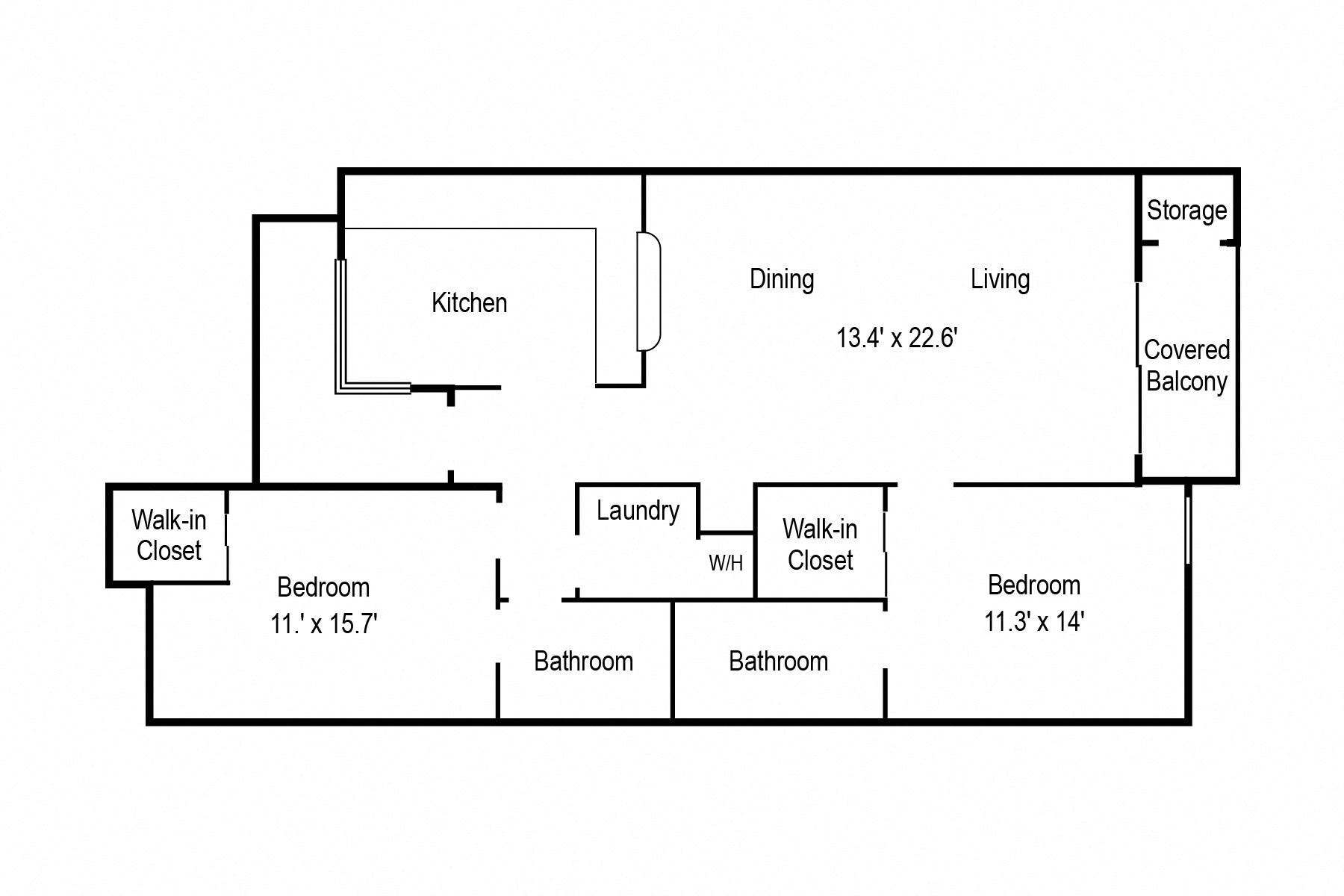 Floor plan for 2 beds, 2 baths, 1274 sqft