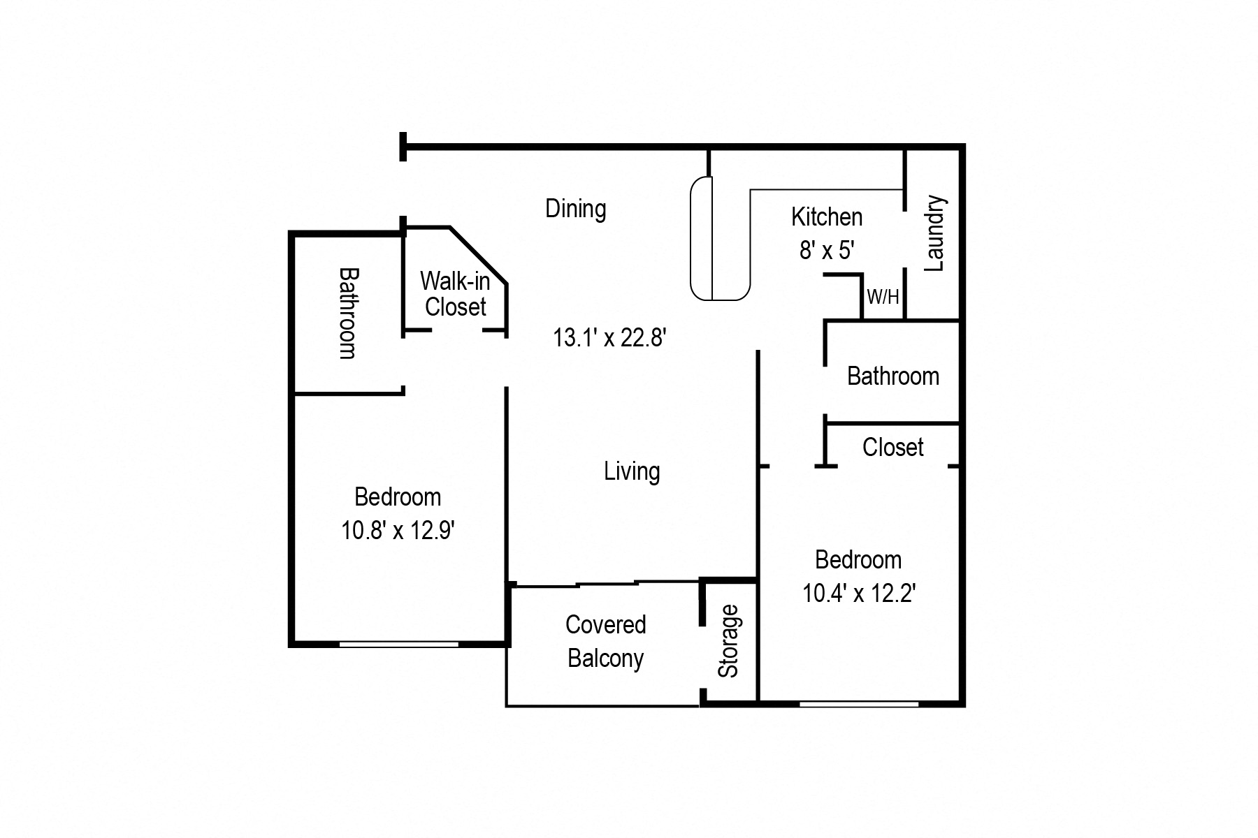 Floor plan for 2 beds, 2 baths, 1156 sqft