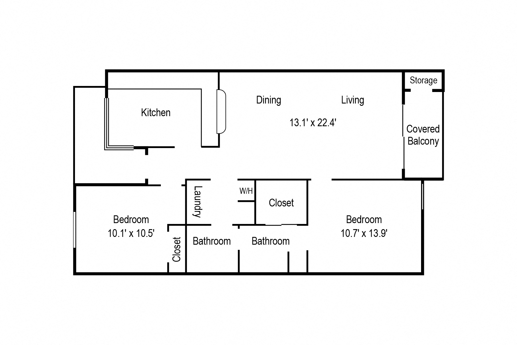 Floor plan for 2 beds, 1 bath, 1126 sqft