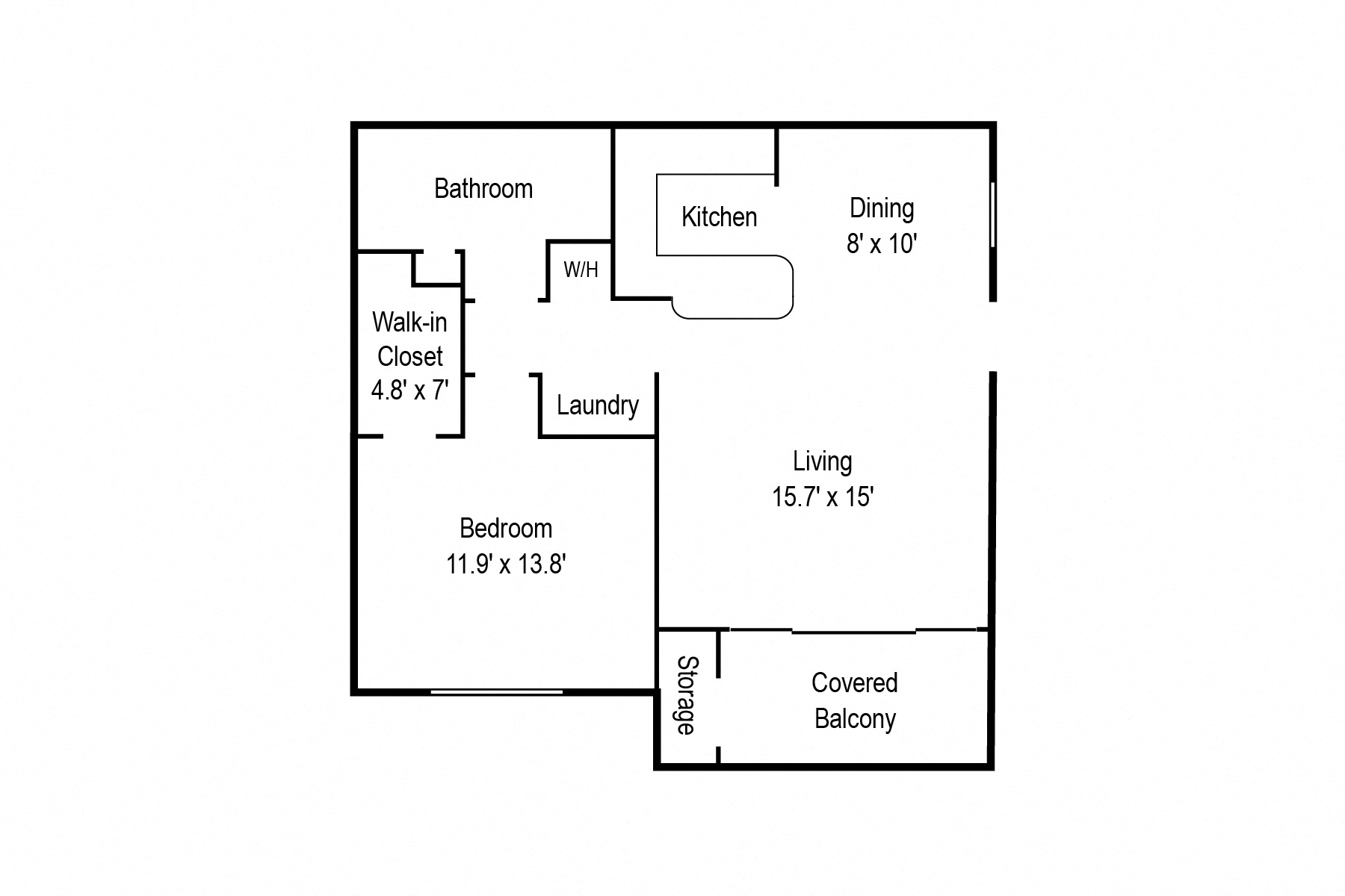 Floor plan for 1 bed, 1 bath, 956 sqft