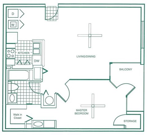 Floor plan for 1 bed, 1 bath, 945 sqft