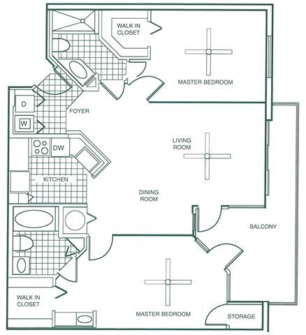 Floor plan for 2 beds, 2 baths, 1260 sqft