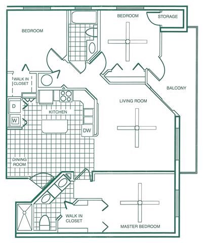 Floor plan for 3 beds, 2 baths, 1406 sqft