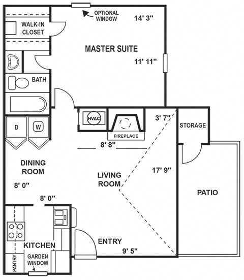 Floor plan for 1 bed, 1 bath, 668 sqft