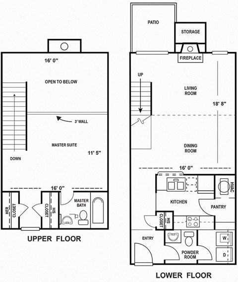 Floor plan for 1 bed, 1.5 baths, 843 sqft