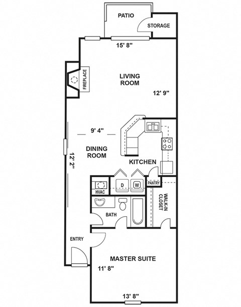 Floor plan for 1 bed, 1 bath, 749 sqft