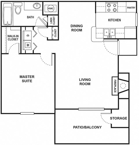 Floor plan for 1 bed, 1 bath, 719 sqft