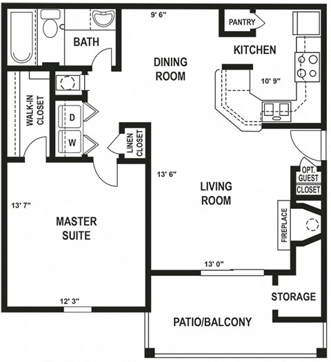 Floor plan for 1 bed, 1 bath, 749 sqft