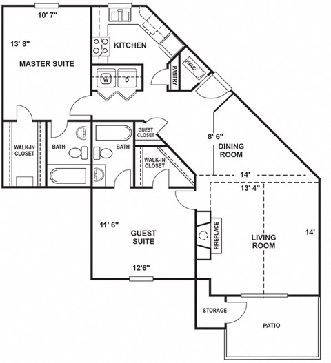 Floor plan for 2 beds, 2 baths, 1012 sqft