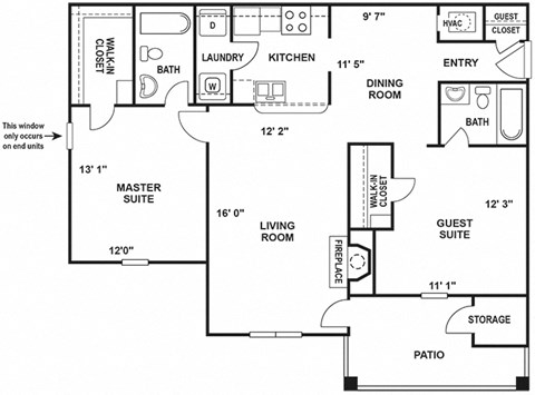 Floor plan for 2 beds, 2 baths, 1021 sqft
