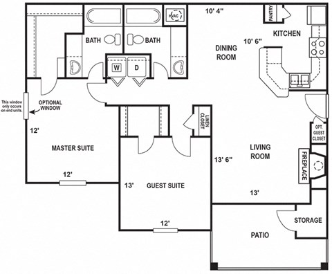 Floor plan for 2 beds, 2 baths, 1021 sqft