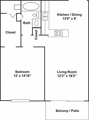 Floor plan for 1 bed, 1 bath, 675 sqft