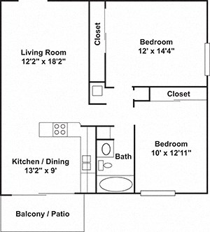 Floor plan for 2 beds, 1 bath, 875 sqft