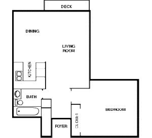 Floor plan for 1 bed, 1 bath, 629 sqft