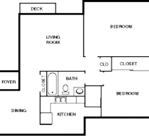Floor plan for 2 beds, 1 bath, 960 sqft