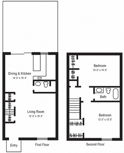 Floor plan for 2 beds, 1.5 baths, 1350 sqft