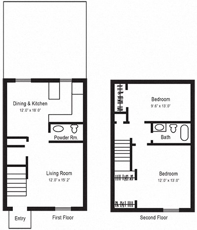 Floor plan for 2 beds, 1.5 baths, 1300 sqft