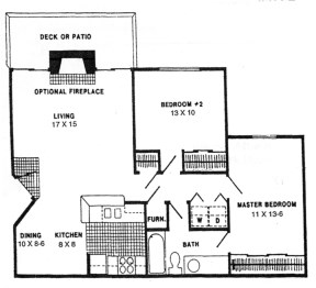 Floor plan for 2 beds, 1 bath, 872 sqft