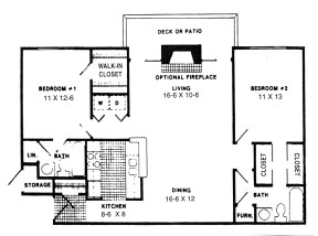 Floor plan for 2 beds, 2 baths, 1097 sqft