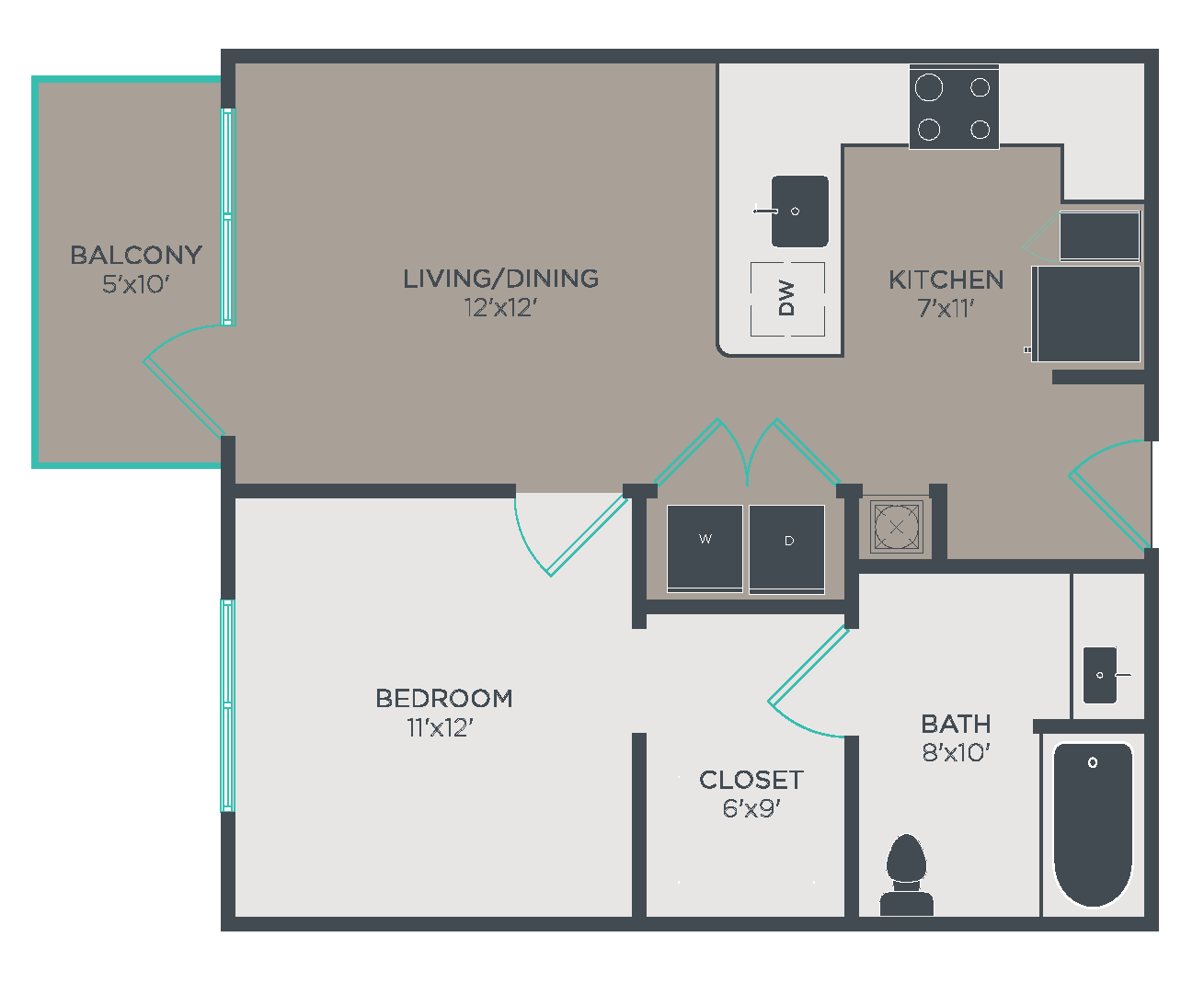 Floor plan for 1 bed, 1 bath, 637 sqft