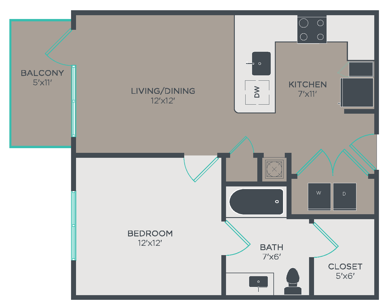 Floor plan for 1 bed, 1 bath, 637 sqft