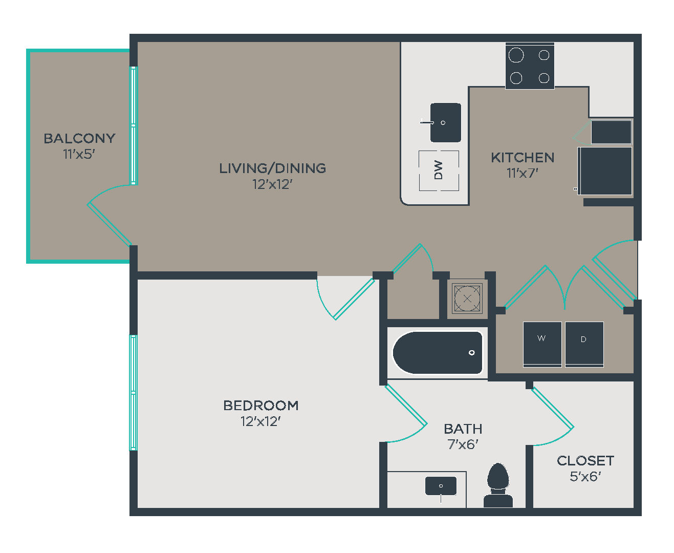 Floor plan for 1 bed, 1 bath, 637 sqft