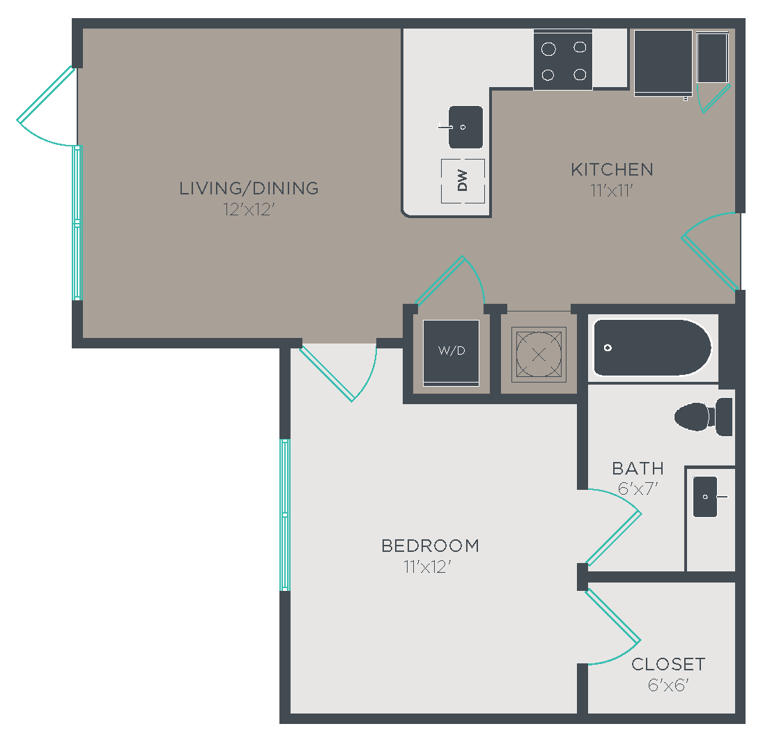 Floor plan for 1 bed, 1 bath, 593 sqft