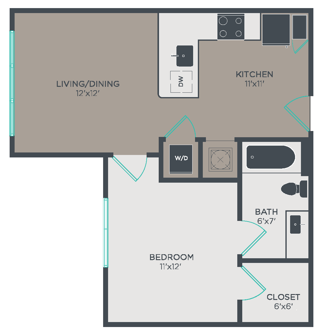 Floor plan for 1 bed, 1 bath, 593 sqft
