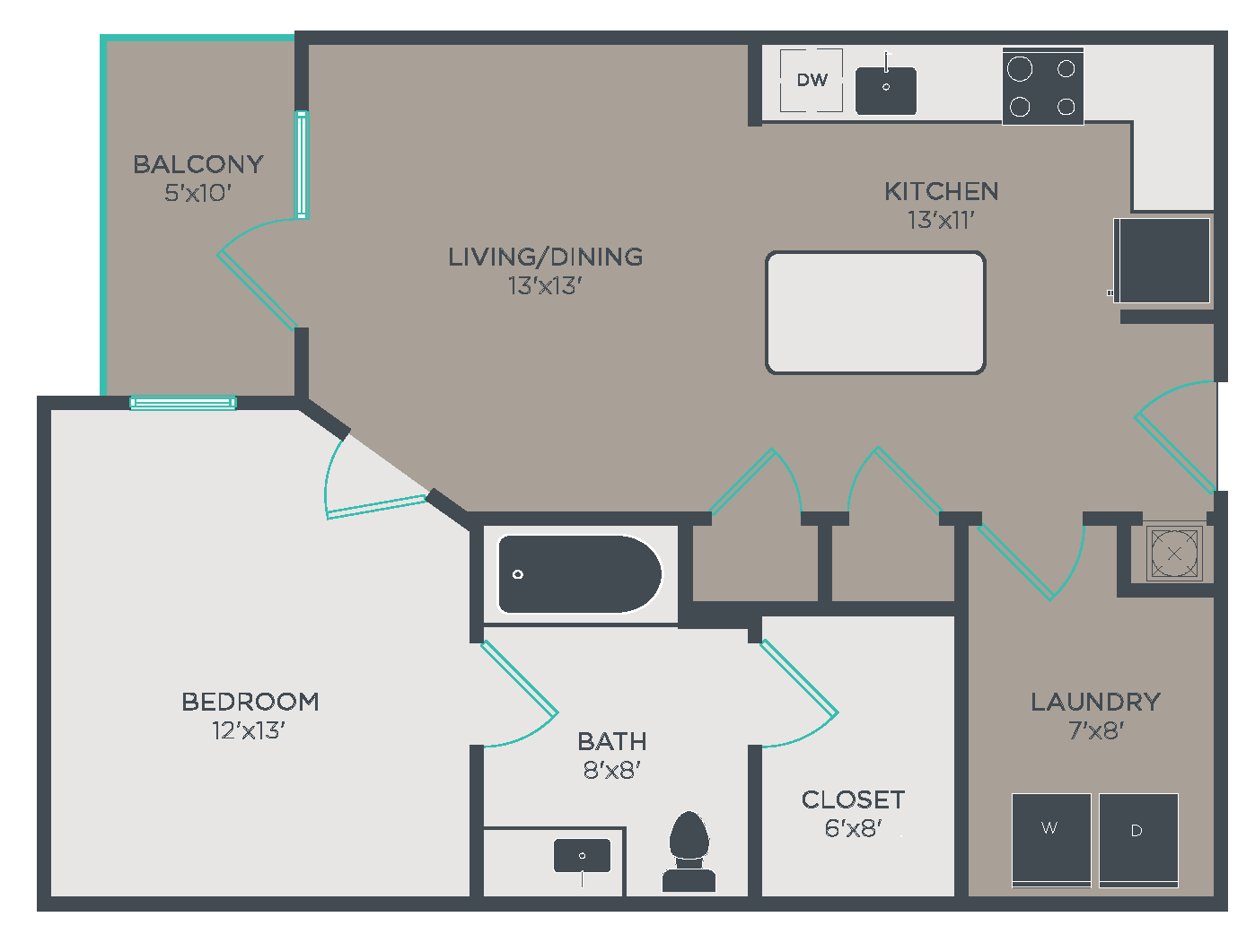 Floor plan for 1 bed, 1 bath, 739 sqft