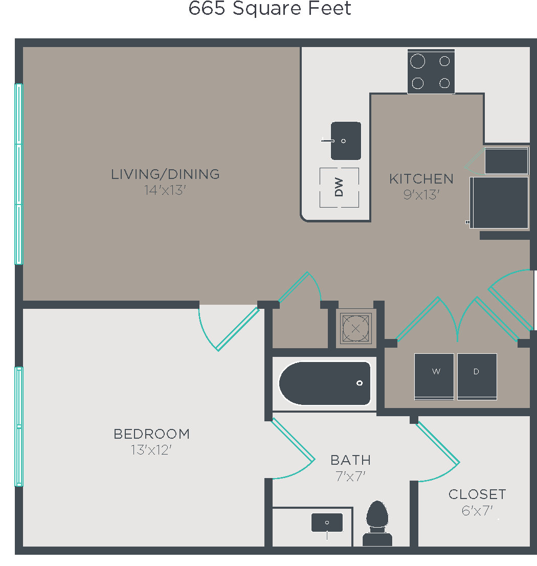 Floor plan for 1 bed, 1 bath, 665 sqft
