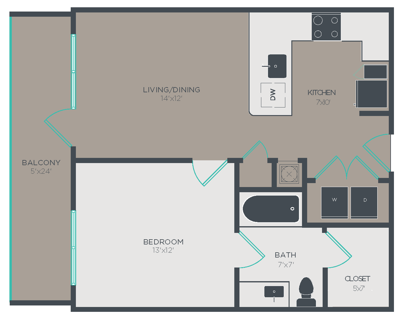 Floor plan for 1 bed, 1 bath, 637 sqft