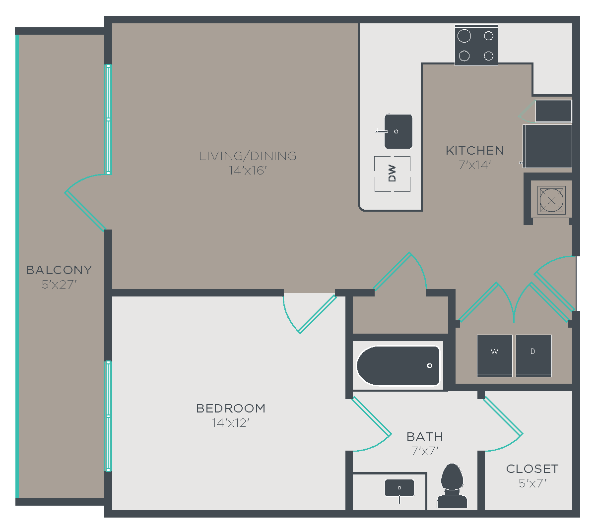 Floor plan for 1 bed, 1 bath, 728 sqft